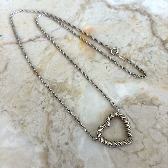 Tiffany & Co 18K Gold & 925 Sterling Silver Twisted Rope Open Heart Necklace 20” - Picture 3 of 13